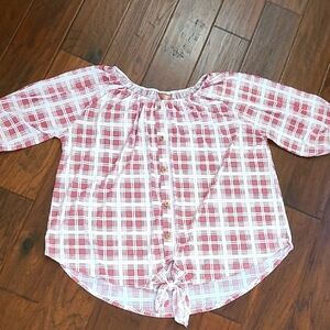 Amana Pink Plaid Faux Button-up Blouse with Tie Front size 1X